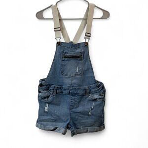 Distressed blue denim short jumpsuit with adjustable white straps, Size 16